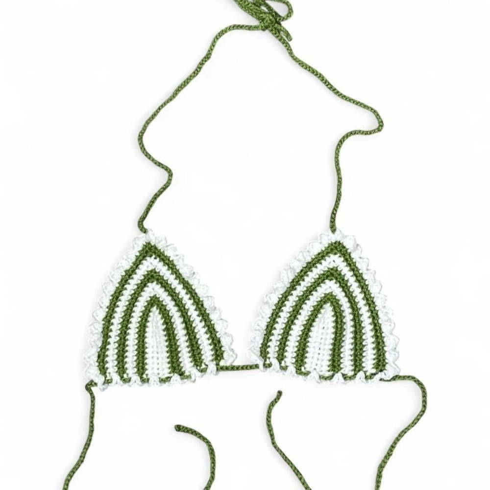 Green and white crochet string bikini style top